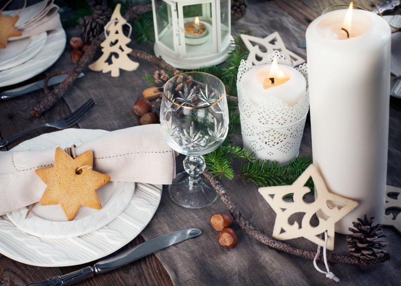 Christmas table setting. Holiday Decorations.